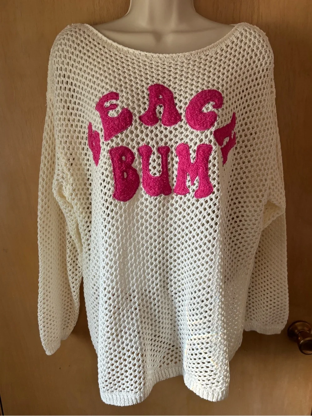 BiBi Cream Open Crochet Long Sleeve Swimsuit Coverup Hot Pink Beach Bum Size L